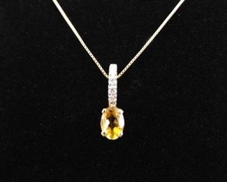 14k Yellow Gold Oval Cut Citrine and Diamond Pendant Necklace
