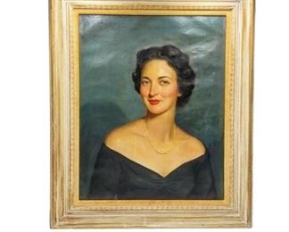 Fabulous vintage original oil on canvas framed portrait of women with pearls from an upper east side New York City estate. Beautiful piece signed on top left looks like TP Miller. Framed in the origami l frame with stamp on back of wooden frame that reads “Made by D. Matt hand carved picture frames 157 East 54th Street New York City - Plaza 82355 The lady has dark brown hair with blue eyes rosy cheeks abs red lipstick and she’s wearing a v neck style gown in back. Minor age on the frame abs a tiny scratch on the canvas on the right side mid top area. No glass. 