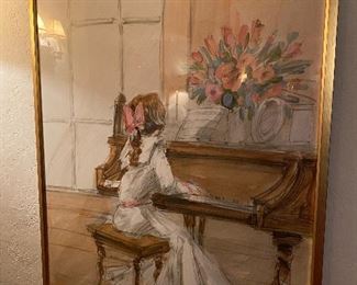 Large watercolor of girl playing the piano
