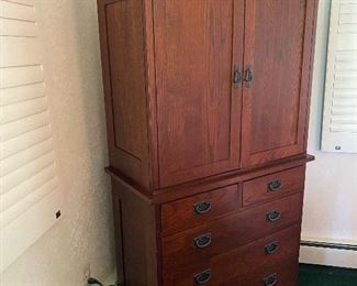 Craftsman style mission style solid wood tall chest of drawers with cabinet on top/small armoire, also have other matching pieces