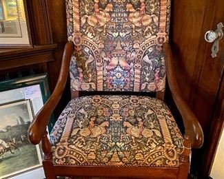 Stamped made in Italy solid wood frame chair with patterned upholstery  horses 