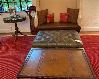 leather coffee table with two drawers, Forest green leather tufted ottoman with solid wood legs and brass casters, small sofa/large loveseat embossed leather and upholstered high back
