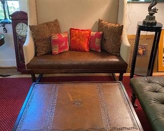NO REASONABLE OFFERS REFUSED! 

leather coffee table with two drawers, Forest green leather tufted ottoman with solid wood legs and brass casters, small sofa/large loveseat embossed leather. Lots of beautiful lamps beautiful wall clock! 