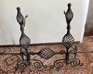1890s American hand wrought iron andirons Romanesque by Richardson