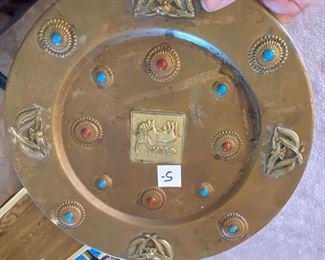 Brass plate with turquoise inserts and other semi-precious stone