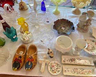 See carnival glass bowl and other early glass, ceramic and wooden shoes