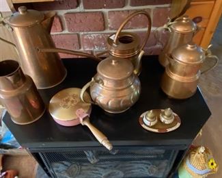 Copper coffee and tea pots, pans