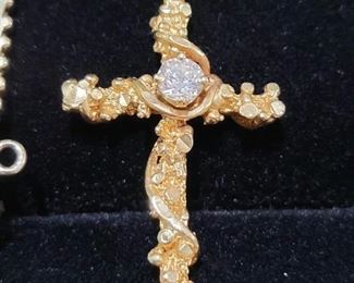 14k Gold Necklace, Cross Pendant with Diamond Setting