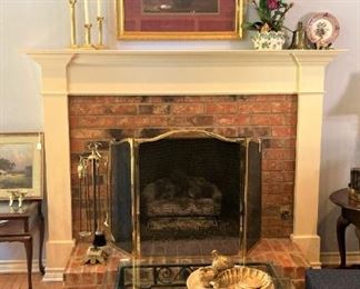 Brass fire screen,  fireplace tools, and candle holders