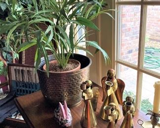 Artificial plant; brass planter and candleholders