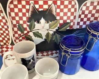 Kitty cat tray; blue canisters