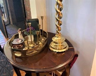 Side table; brass lamp