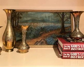 Brass vases; small bluebonnet art; "God's Little Instructions"
