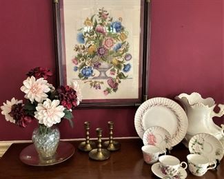 Variety of dishes; needle-work framed art