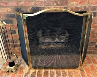 Brass fire screen; fireplace tools
