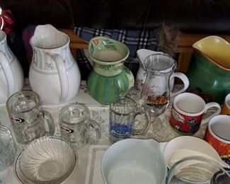 pitchers, A&W glasses, coffee mugs, misc glassware