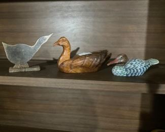 2 Carved Wood Ducks and 1 Metal Duck