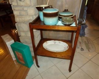 Wood Serving Cart and Nice Vintage Dishes