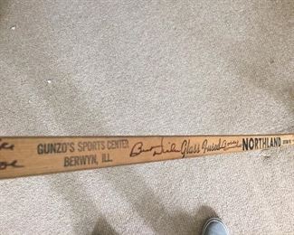 Bobby Hull and Bill White signed hockey Chicago Blackhawks stick, issued to Dennis Hull. Signed April 4 1969