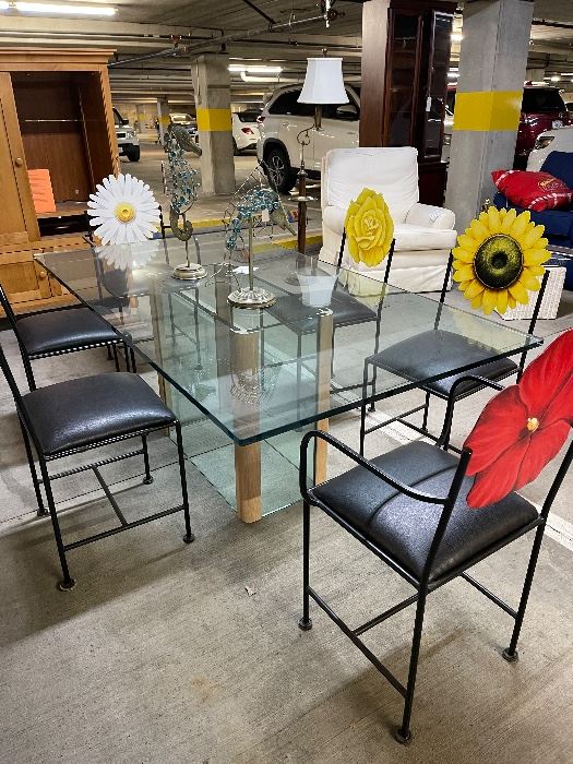 glass table with 6 unique flower-medal chairs