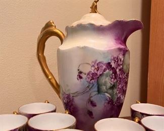 Antique chocolate pot set with gold accents, 9 cups!