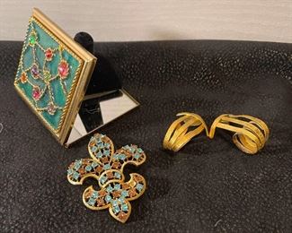 Brooch Fleur de Lis, Jeweled Compact, Earrings