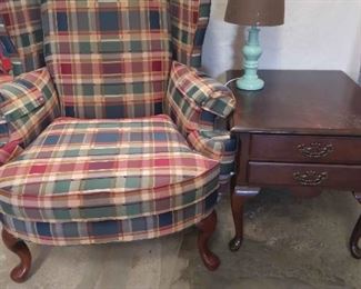 Plaid Chair, Side Table Lamp