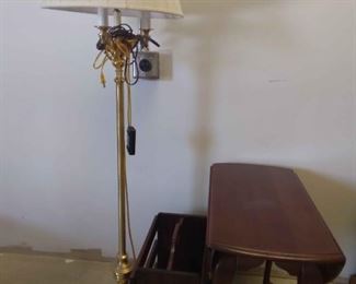 Wood Drop Leaf Table, Magazine Holder Nice Brass Lamp