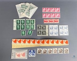 Approximately 23 Thomas Jefferson stamps, 1965, Scott #1278, 1c; a block of 4 Lincoln 1c stamps; Two Red Airmail 6c, 1949, Scot #C39; Liberty Bell Coil, 8 stamps, 3c, 1974, Scott #1518; block of 4 Thomas Jefferson 29c, 1993, Scott #2185; a Franklin D Roosevelt 20c, 1982.