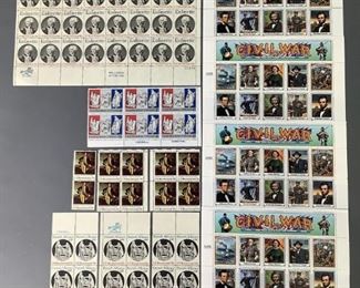 Four (4) full blocks of 20 Civil War Stamps 32c, 1995, Scott #2975; 36 Lafayette US Bicentennial 13c stamps, 1977, Scott 1716; Three (3) Blocks of 4 French Alliance 13c, 1978, Scott #1753; Two (2) blocks of 4 US Bicentennial 13c and an additional three (3), 1977, Scott #1704; and a block of Six (6) French Revolution 45c, 1989, Scott #C120 stamps.