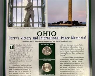 Commemorative Ohio Perry's Victory and International Peace Memorial card. Two (2) Ohio State Quarters - one Philadelphia Mint and one Denver Mint. One (1) Ohio Sesquicentennial 3c stamp Year 1953. One (1) Perry's Victory and INternational Peace Memorial - celebrates friendship and peace between US and Canada stamp 3c Year 1948.