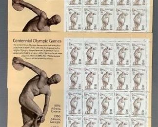 Olympics MNH stamps. Includes four blocks of ten (10) 1991 USA Olympics stamps,Scott #2528a. Three blocks of twenty (20) 1995 Centennial Olympic Games, Scott #3087.