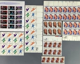 One block with twenty (20), one block with eight (8), and five (5) additional 1982 Performing Arts The Barrymores MNH stamps, Scott #2012. Four (4) 1993 Grace Kelly MNH stamps, Scott #2749. One block of eight (8) and eleven (11) additional 1979 Will Rogers MNH stamps. Twelve (12) 1984 Douglas Fairbanks MNH stamps, Scott #2088. One block of twelve (12), one block of sixteen (16), and eight (8) additional Dance MNH stamps. One block of twenty (20) 2003 American Choreographers MNH stamps, Scott #3840-3843.
