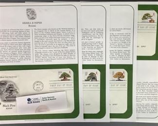 Bonsai official first day of issue cancelled stamps: Two (2) Sierra Juniper, Azalea, Black Pine, Banyan.