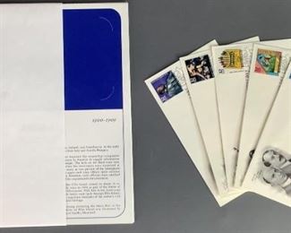 Assorted official first day of issue cancelled stamps. One (1) W.E.B. DuBois Social Activist. One (1) Ash Can School of American Art. One (1) Crayola Crayons Introduced. One (1) Pure Foods and Drugs Act. One (1) Kitty Hawk First Powered Flight.