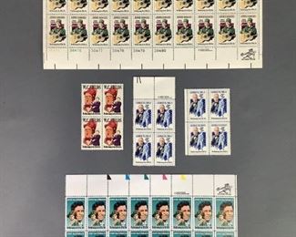 Assortment of Performing Arts MNH stamps. Includes one block of sixteen (16) and four (4) additional John McCormack stamps. Twenty two (22) George M. Cohan stamps. Five (5) 1979 W.C. Fields stamps. One block of twenty (20), two blocks of six (6) each and two blocks of four (4) each of Jimmie Rodgers stamps.