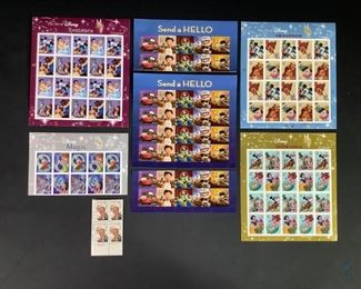 The Art of Disney and Disney Pixar Stamps, MNH. Includes one block of twenty (20) 2006 The Art of Disney Romance stamps, Scott #4025-28. One block of twenty (20) 2006 The Art of Disney Friendship stamps, Scott # 3865-68. One block of ten (10) 2006 The Art of Disney Magic stamps, Scott #4192-95. One block of twenty (20) The Art of Disney Celebration stamps, Scott #3912-15. One block of twenty (20) and two blocks of ten (10) each Send Hello Disney Pixar stamps, 2010 Scott #4557a 4553-4557. One block of four (4) 1968 Walt Disney stamps, Scott #1355.