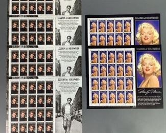 Two blocks with twenty (20) each of 1995 Marilyn Monroe Legends of Hollywood MNH stamps, Scott #2967. Four blocks with twenty (20) each of 1996 James Dean Legends of Hollywood MNH stamps, Scott #3082.