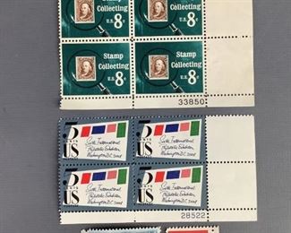 One (1) 1980 Ps. Write Soon MNH stamp, Scott #1810. Four (4) 1972 Stamp Collecting MNH stamps, Scott #1474. One (1) 1952 American Auto Association, Scott #1007. Four (4) 1966 Sixth International Philatelic MNH stamps, Scott #1310.