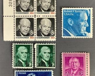 Important American Figures MNH stamps. Includes one (1) 1948 Harlom Stone, Scott #965. Two (2) 1968 Thomas Jefferson, Scott #1299. Two (2) 1958 Abraham Lincoln, Scott #1116. One (1) 1979 Robert Kennedy, Scott #1770. Six (6) 1971 Eisenhower, Scott #1394.