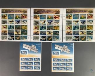 Three blocks with twenty (20) each of 1997 Classic American Aircraft MNH Stamps. Two blocks with ten (10) each of First Controlled Powered Airplane Flight MNH stamps, issued May 22, 2003, Scott #3772.
