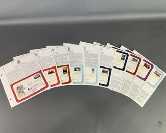 Statehood First Day of Issue stamps. Includes one (1) Kansas, one (1) New Mexico, one (1) Louisiana, one (1) Arizona, one (1) West Virginia, one (1) Mississippi, one (1) Nebraska, one (1) Indiana, one (1) Illinois, and one (1) Nevada Statehood First Day of Issue stamps. Each stamp comes on an envelope and a page with a description.