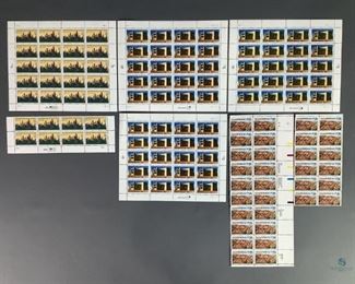 Three blocks of twenty (20) each 1998 Spain Settlement of the Southwest MNH stamps, Scott #3220. One block of twenty (20), one block with twelve (12), and one (1) additional 1990 Grand Canyon MNH stamps, Scott #2512. One block of twenty (20), one block of four (4), and one block of eight (8) 1996 Smithsonian Institute MNH stamps, Scott #3059.