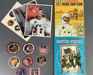 Harris Pioneer World Wide and Harris Freedom US Stamp Albums. Also includes eight (8) Apollo stickers & poster, one (1) signed Fred W. Haise poster, and one (1) Apollo 15 Landing Sight poster. Signature unable to be authenticated.