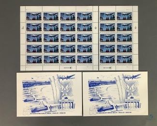 One block with twenty (20), one block with ten (10), and two (2) additional 1997 Berlin Airlift MNH stamps, Scott #3211. Also Includes two (2) 50th Anniversary Berlin Airlift postcards.
