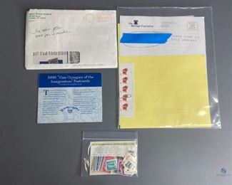 40 Different genuine American Postage Stamps MNH, 1988 "Visa Olympics of the Imagination" Postcards and a block of 5 pear, 10c stamps.