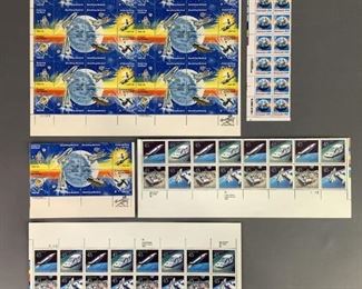 One block of forty eight (48) and three blocks with eight (8) each of 1981 Benefiting Mankind MNH stamps, scott #1912-1919. Two blocks with sixteen (16) each of 1988-89 20th Universal Postal Congress MNH stamps. One block with sixteen (16) 1988 Earth Domestic USA MNH stamps, Scott #2277.