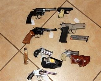 Colt .38 spec. Police Positive Special, .25 cal. Baby Browning, .32 S&W Safety Hammerless 1st Model in Nickel, 9mm S&W Model 910S, .32 S&W Hand Ejector 2nd Model, 2nd Change, .22 Hy Hunter Derringer, .38 Spec. Hy Hunter Derringer, .25 cal. Florida Firearms Pistol