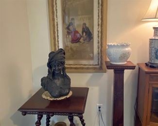 Victorian barley twist table, large 19th Henry Weisse spelter "Gypsy Woman" bust. 