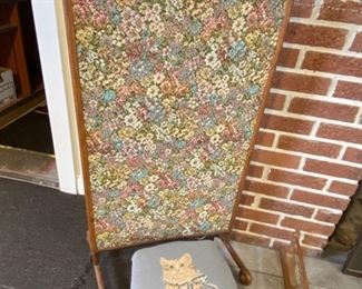 Woven fire screen and hand needlepointed foot stool.